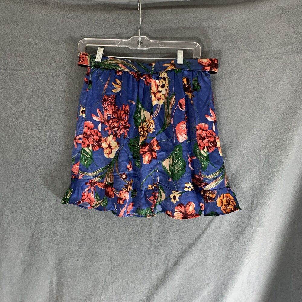 Band of Gypsies Skirt Women Size Medium Blue Floral Print Ruffle Hem Belted